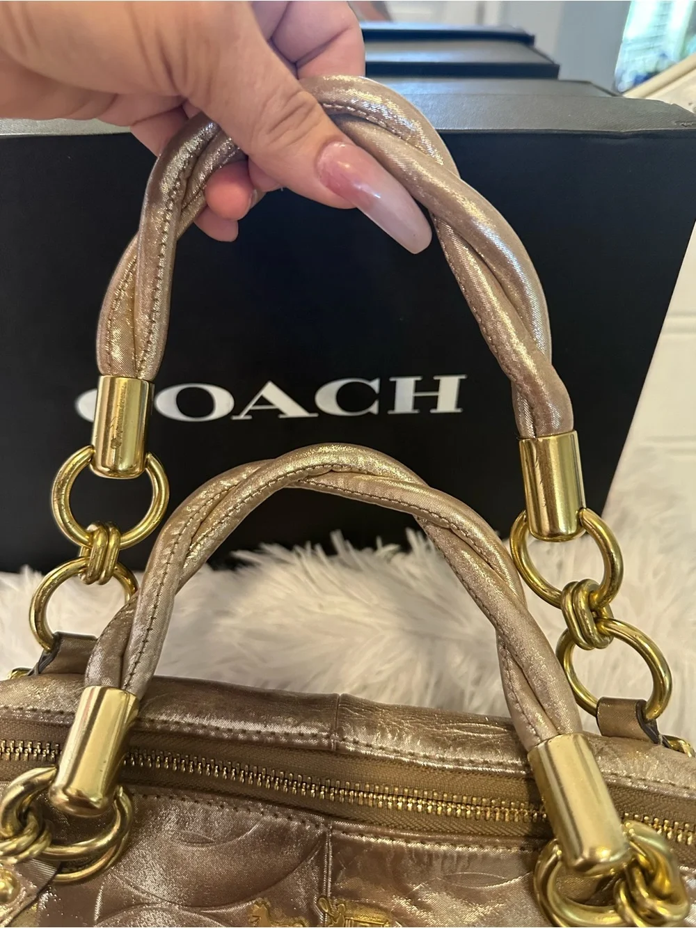 COACH Metallic Bronze Leather Satchel with Gold Hardware